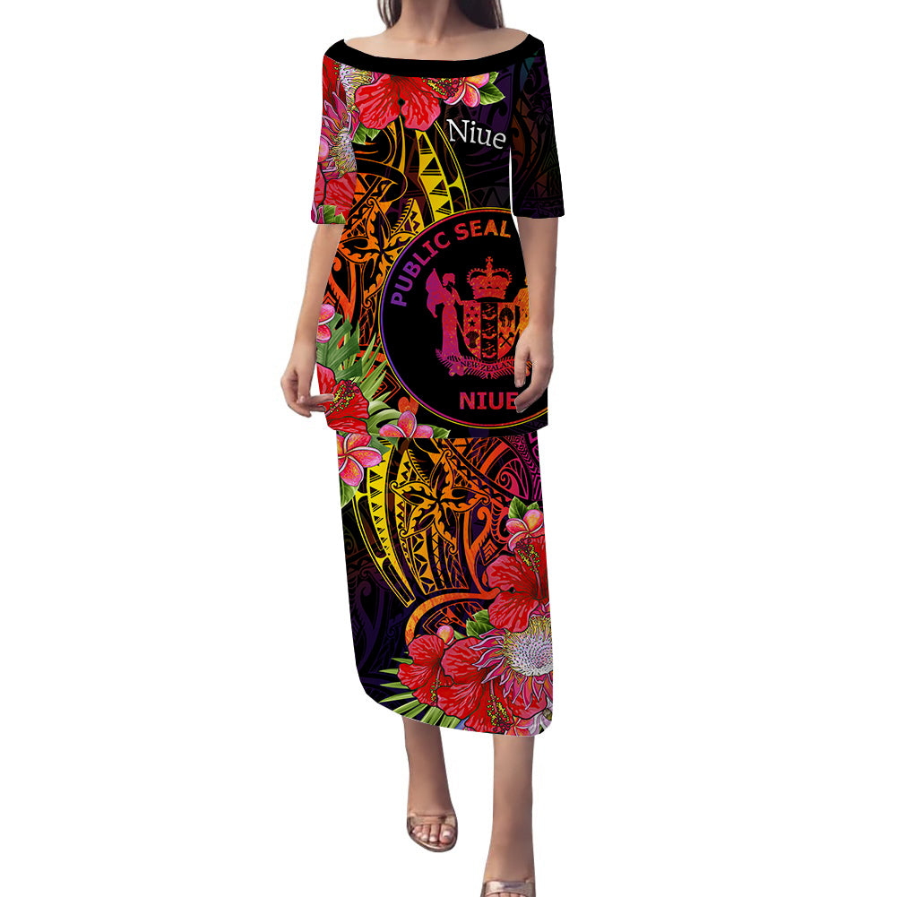 Niue Puletasi Dress Tropical Hippie Style LT14 Black - Polynesian Pride