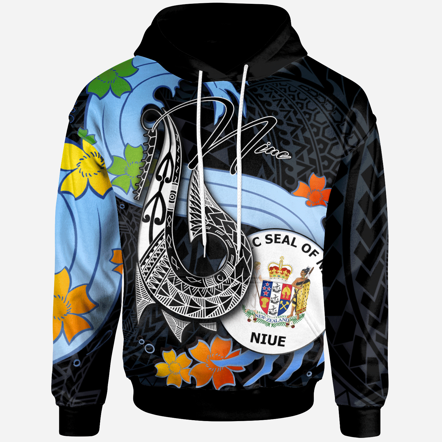 Niue Hoodie Fish Hooks and Wave Unisex Black - Polynesian Pride