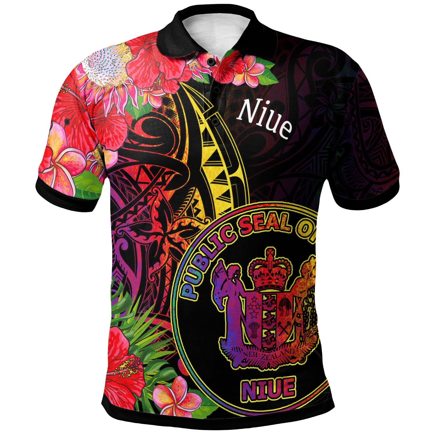 Niue Polo Shirt Tropical Hippie Style Unisex Black - Polynesian Pride