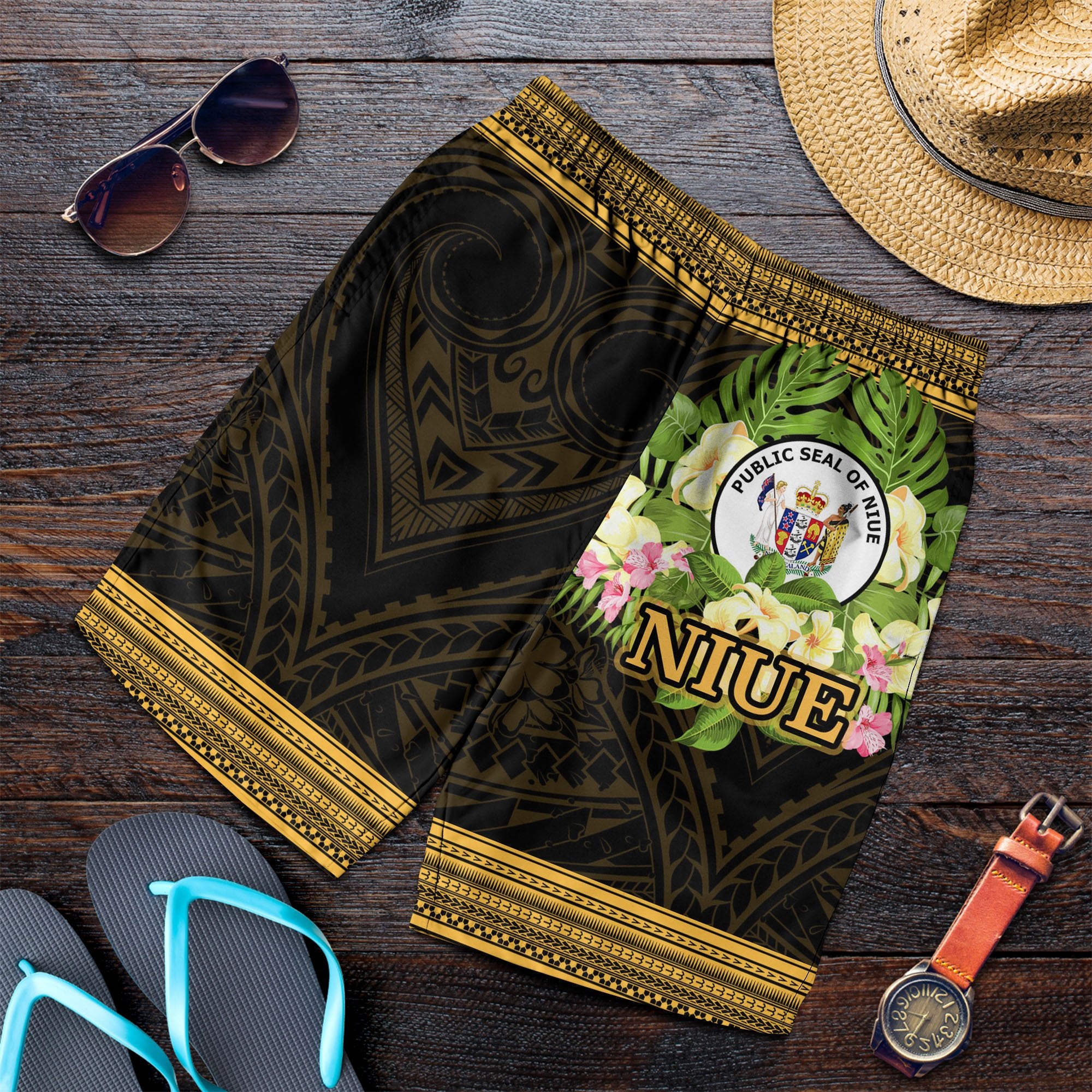 Niue Men's Shorts - Polynesian Gold Patterns Collection Black - Polynesian Pride