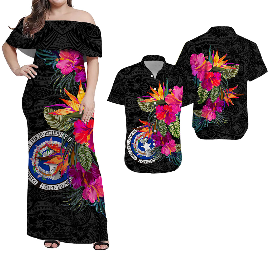 Northern Mariana Islands Polynesian Hibiscus Tribal Matching Dress and Hawaiian Shirt LT12 Black - Polynesian Pride