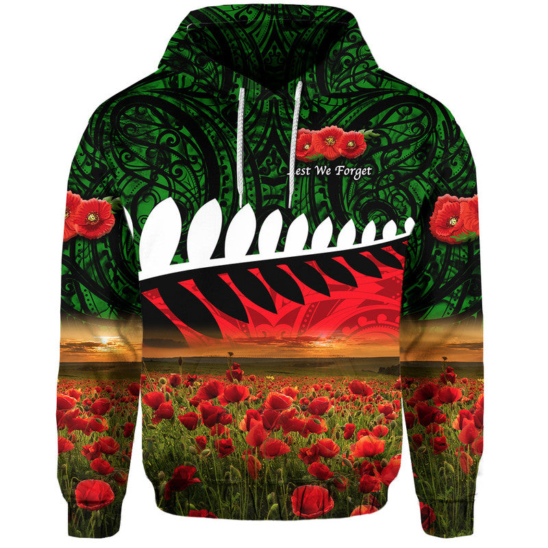 Custom New Zealand Maori ANZAC Hoodie Poppy Vibes Green LT8 Green - Polynesian Pride