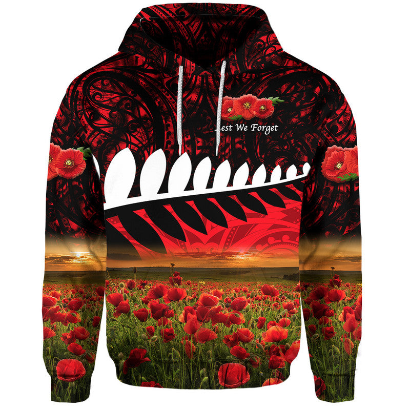 Custom New Zealand Maori ANZAC Hoodie Poppy Vibes Red LT8 Red - Polynesian Pride