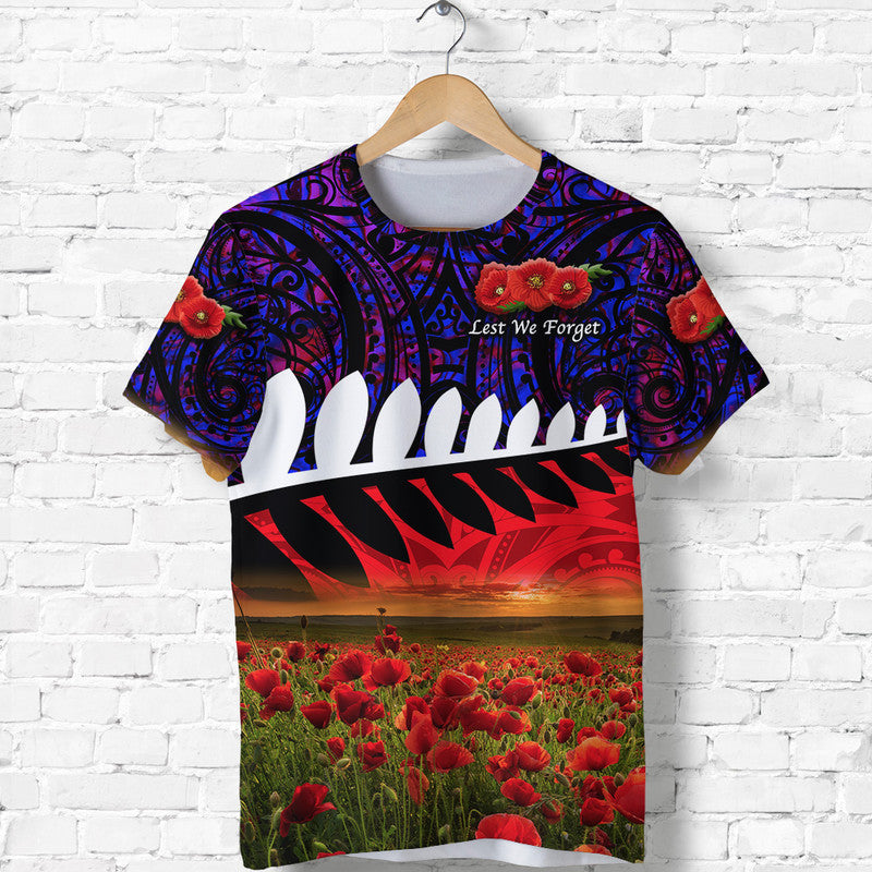 Custom New Zealand Maori ANZAC T Shirt Poppy Vibes Purple LT8 Purple - Polynesian Pride