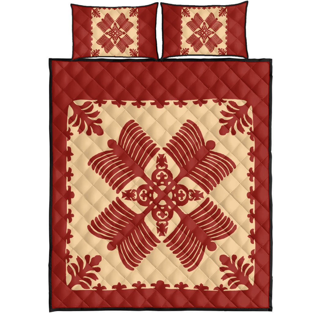 Hawaii Quilt Bed Set - Na Kalaunu Me Na Kahili Quilting Style Quilt Bed Set - AH Red - Polynesian Pride