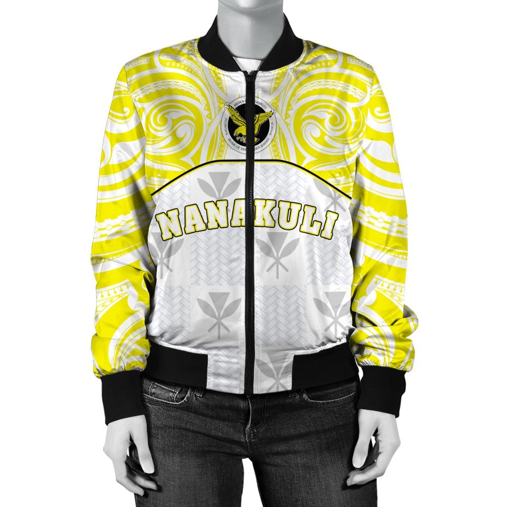 Hawaii Bomber Jacket - Kanaka Nanakuli High School Women's Bomber Jacket Demodern Style AH White - Polynesian Pride