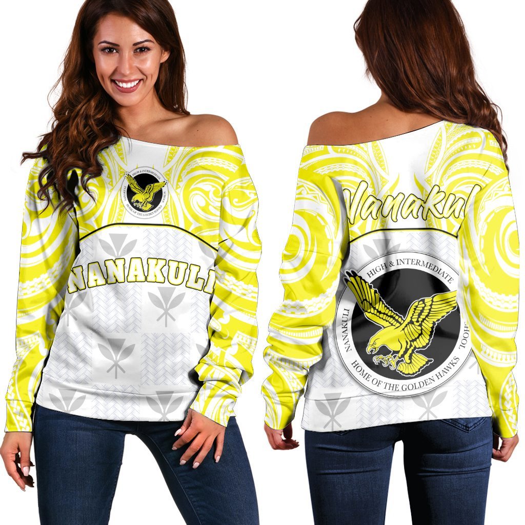 Hawaii - Kanaka Nanakuli High School Off Shoulder Sweater Demodern Style AH White - Polynesian Pride