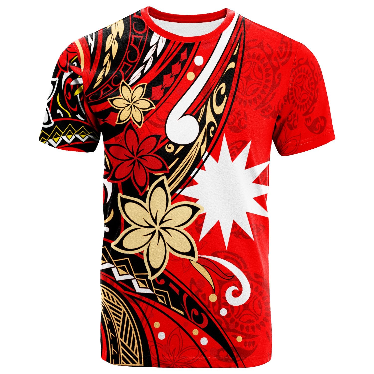 Nauru T Shirt Tribal Flower With Special Turtles Red Color Unisex Red - Polynesian Pride