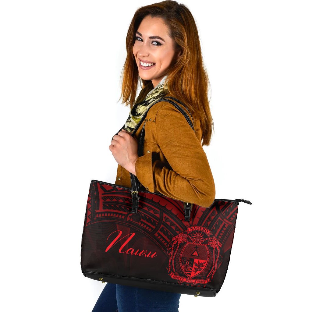 Nauru Leather Tote - Red Color Cross Style Black - Polynesian Pride