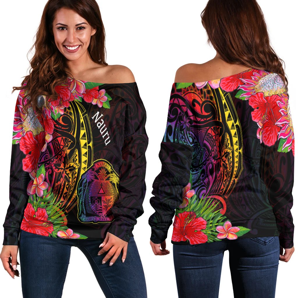 Nauru Women's Off Shoulder Sweater - Tropical Hippie Style Black - Polynesian Pride