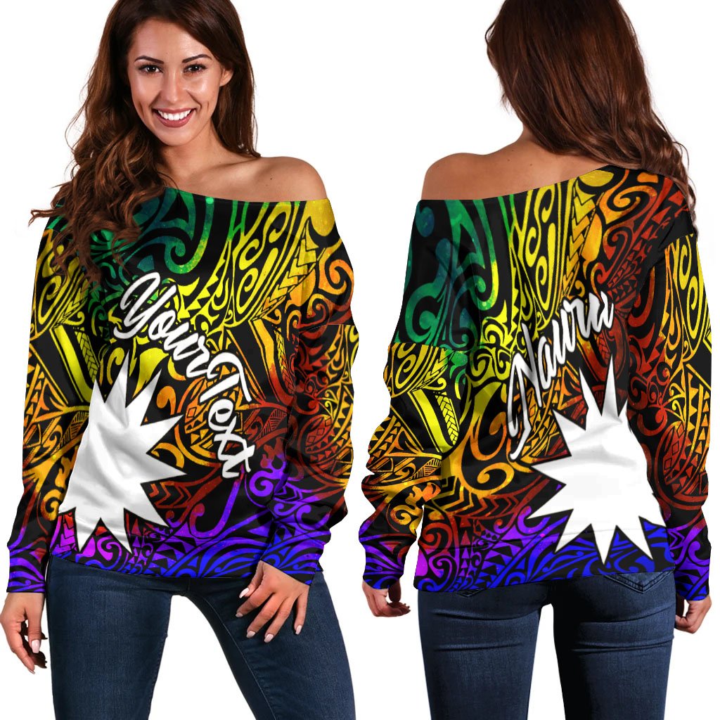 Nauru Custom Personalised Women's Off Shoulder Sweater - Rainbow Polynesian Pattern Art - Polynesian Pride