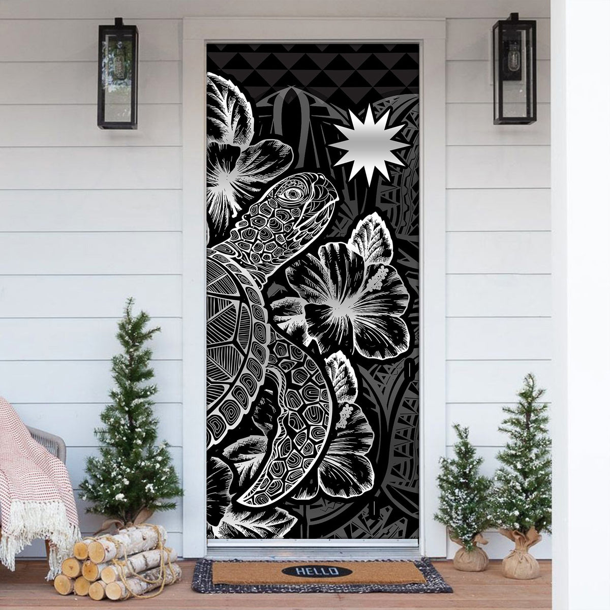 Nauru Door Cover Turtle Hibiscus Black - Polynesian Pride