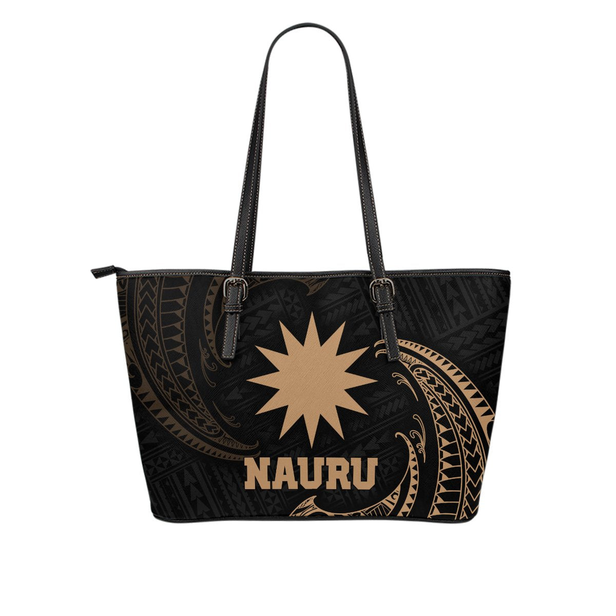 Nauru Polynesian Leather Tote Bag - Gold Tribal Wave Black - Polynesian Pride