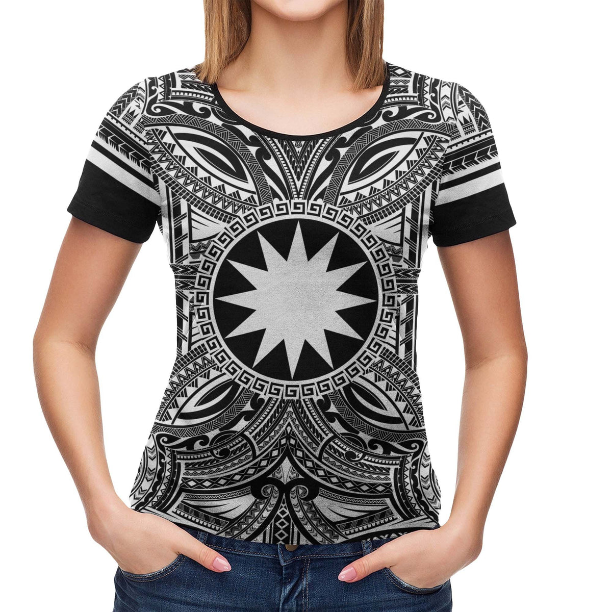 Nauru All T Shirt Nauru Coat Of Arms Polynesian White Black - Polynesian Pride