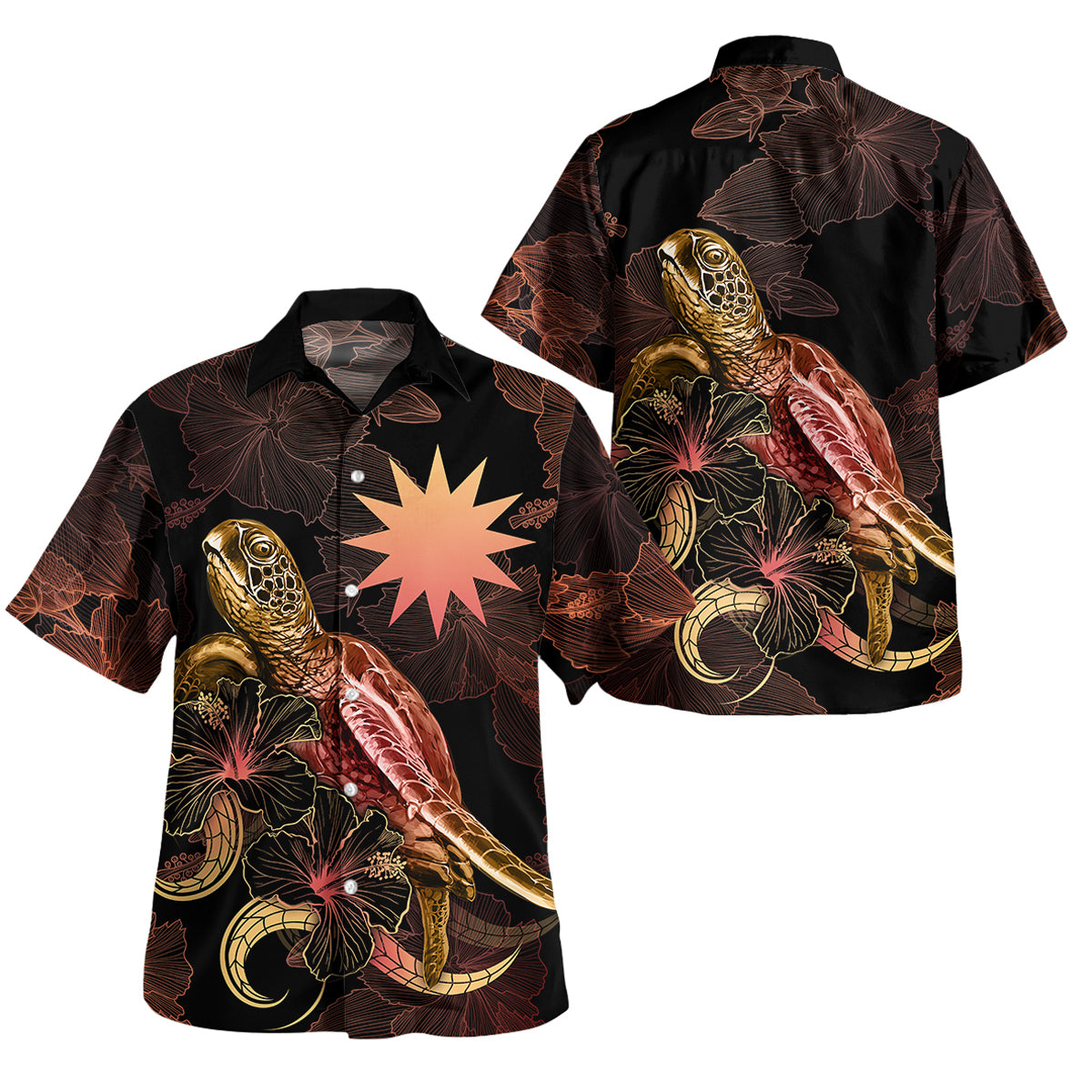 Nauru Short Sleeve Shirt - Custom Nauru Pride With Polynesian Turtle Blooming Hibiscus Gold Unisex Gold - Polynesian Pride