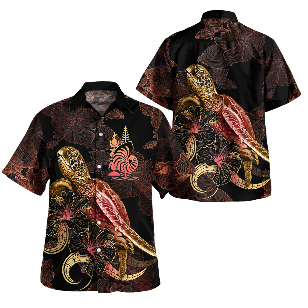 New Caledonia Short Sleeve Shirt - Custom New Caledonia Pride With Polynesian Turtle Blooming Hibiscus Gold Unisex Gold - Polynesian Pride