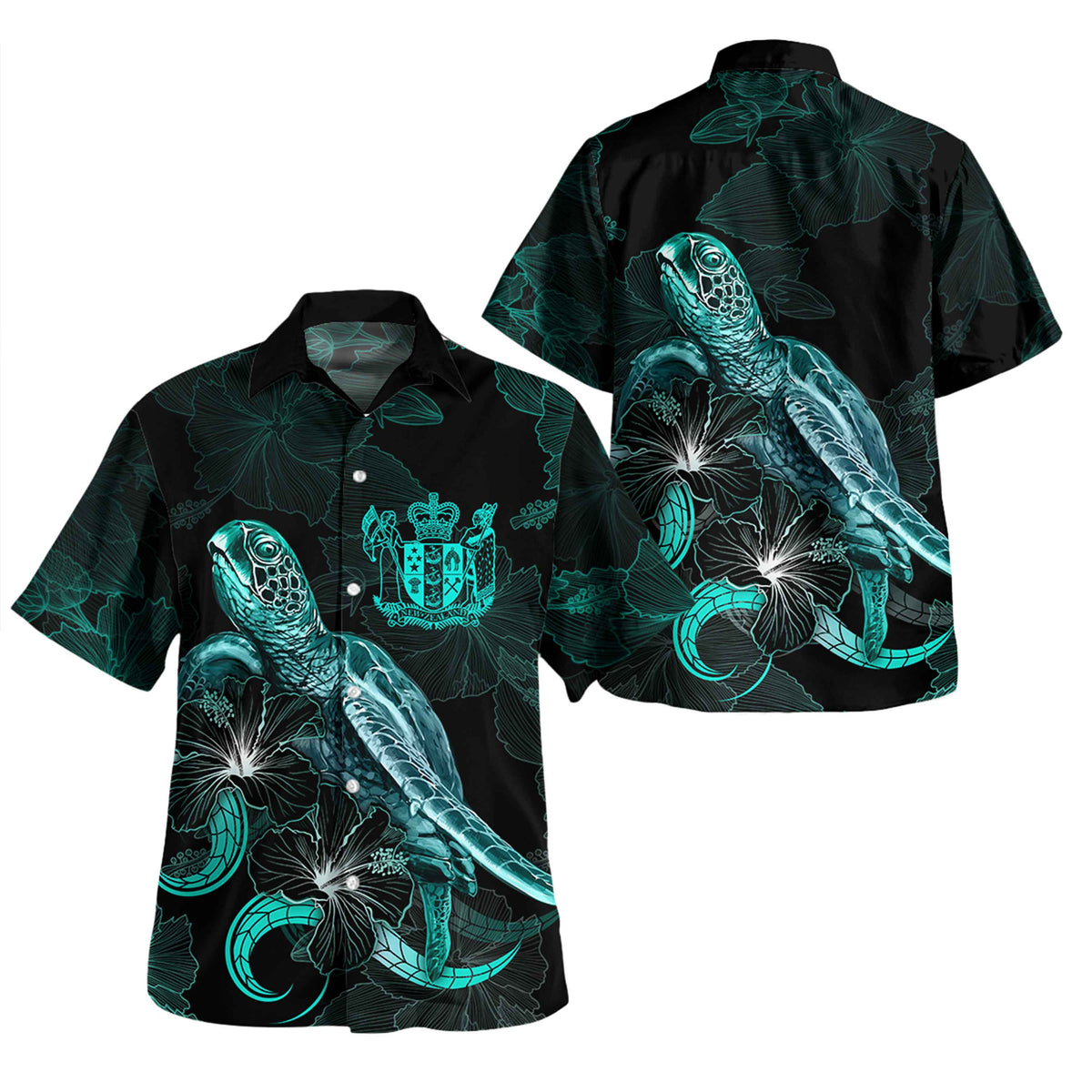 New Zealand Matching Dress and Hawaiian Shirt New Zealand Coat Of Arms with with Turtle and Blooming Hibiscus Turquoise - Polynesian Pride