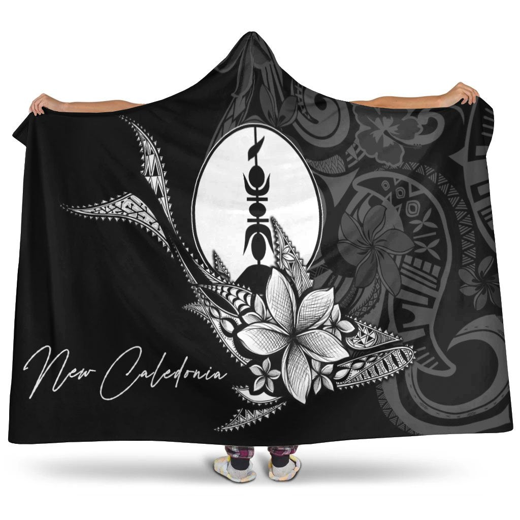 New Caledonia Hooded Blanket - Fish With Plumeria Flowers Style Hooded Blanket Black - Polynesian Pride