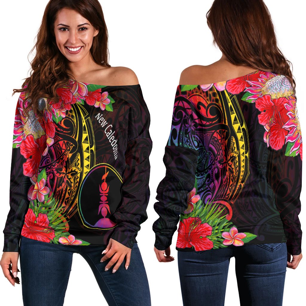 New Caledonia Women's Off Shoulder Sweater - Tropical Hippie Style Black - Polynesian Pride