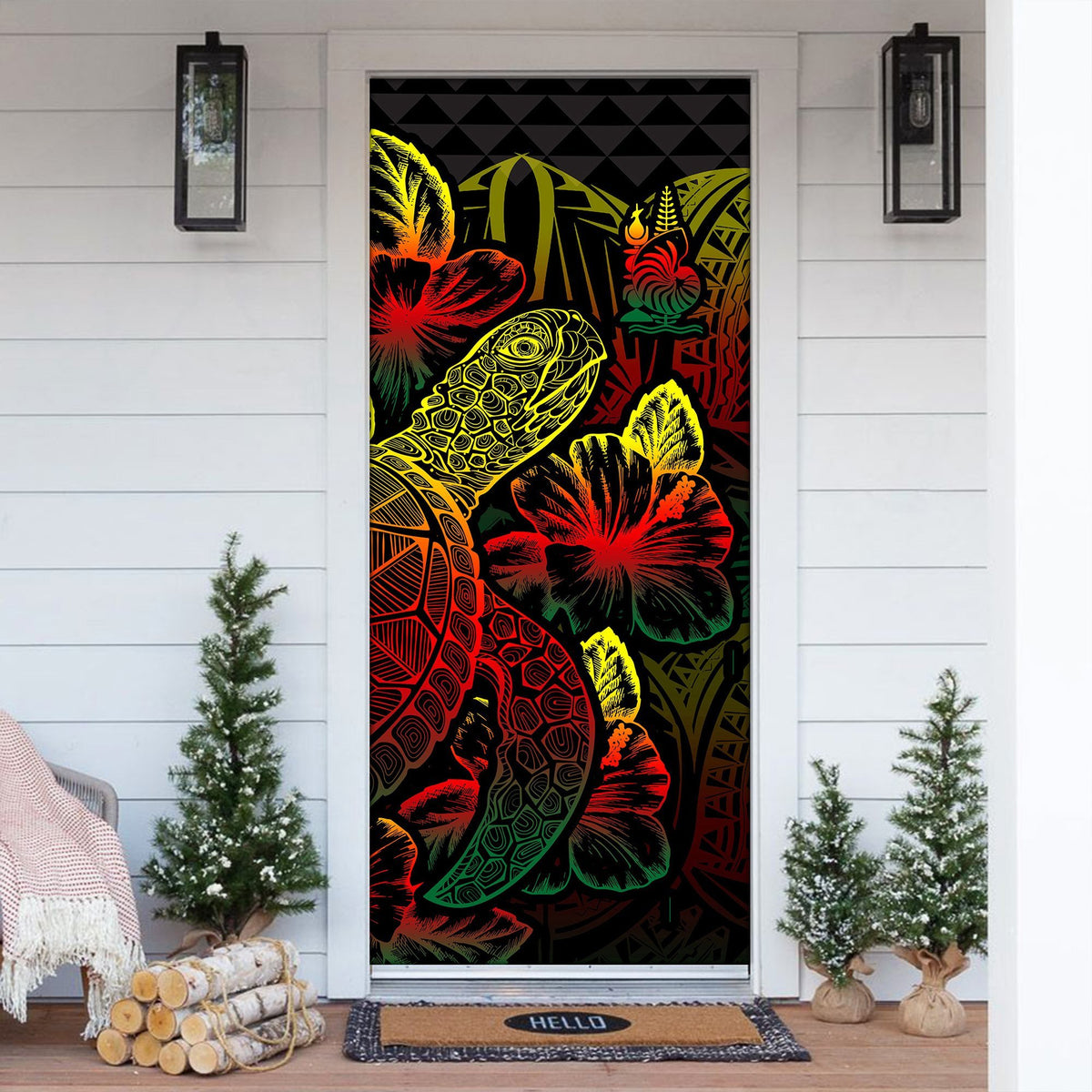New Caledonia Door Cover Turtle Hibiscus Reggae - Polynesian Pride