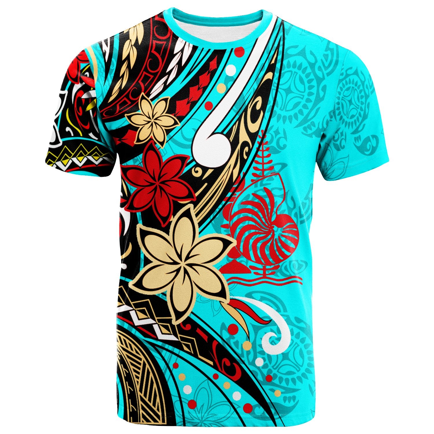 New Caledonia T Shirt Tribal Flower With Special Turtles Blue Color Unisex Blue - Polynesian Pride