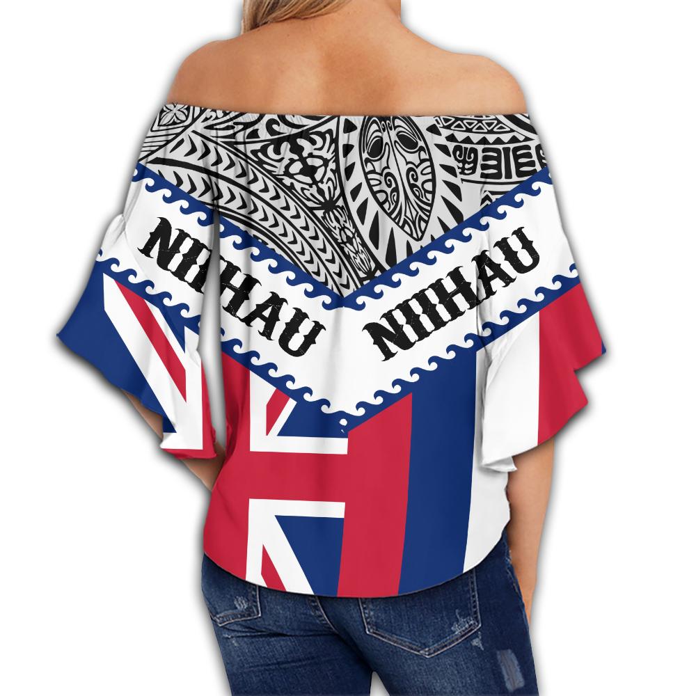 Hawaii Flag Niihau Women's Off Shoulder Wrap Waist Top - White - Mit Style - AH - Polynesian Pride