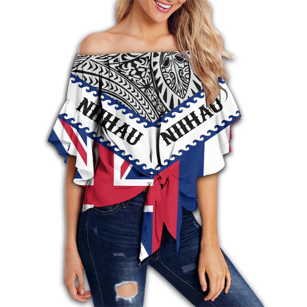 Hawaii Flag Niihau Women's Off Shoulder Wrap Waist Top - White - Mit Style - AH Female White - Polynesian Pride