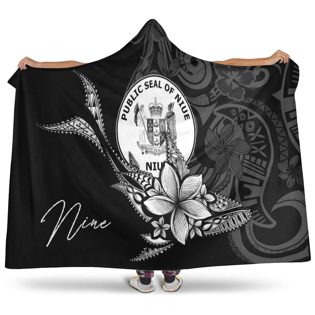 Niue Hooded Blanket - Fish With Plumeria Flowers Style Hooded Blanket Black - Polynesian Pride