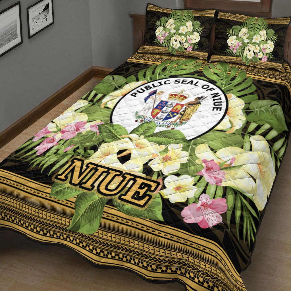 Niue Quilt Bed Set - Polynesian Gold Patterns Collection Black - Polynesian Pride