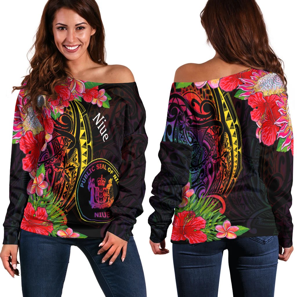 Niue Women's Off Shoulder Sweater - Tropical Hippie Style Black - Polynesian Pride