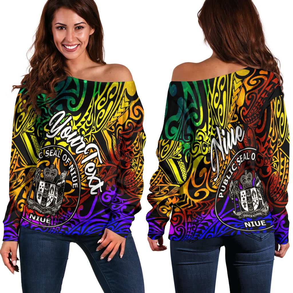 Niue Custom Personalised Women's Off Shoulder Sweater - Rainbow Polynesian Pattern Art - Polynesian Pride