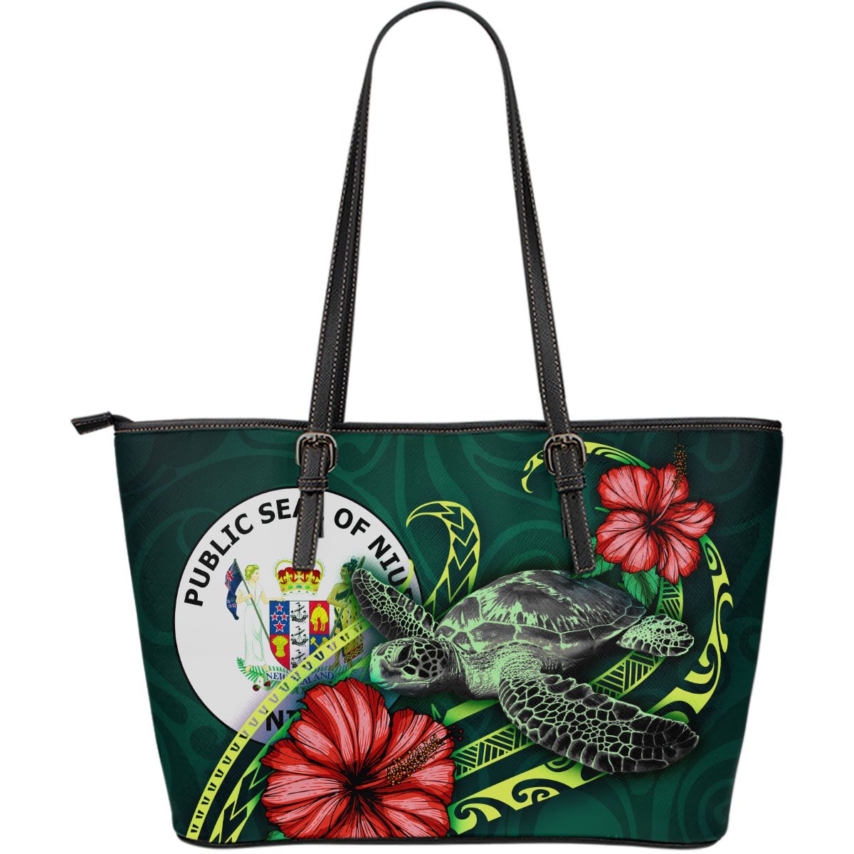 Niue Polynesian Leather Tote Bag - Green Turtle Hibiscus Green - Polynesian Pride