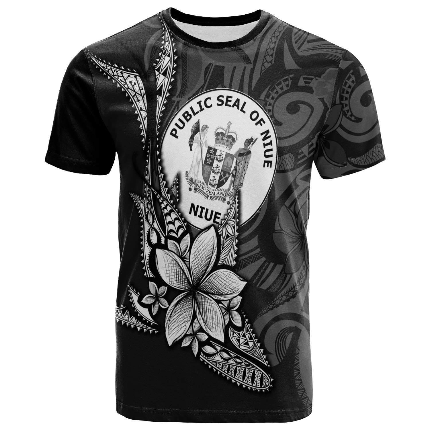 Niue Custom T Shirt Fish With Plumeria Flowers Style Unisex Black - Polynesian Pride