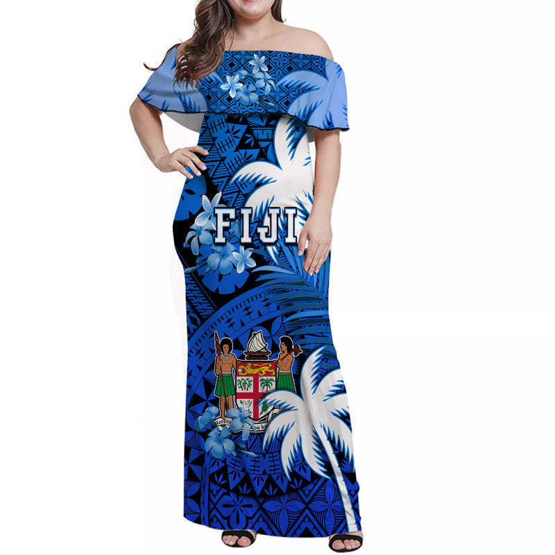 Fiji Coat Of Arms Women Off Shoulder Long Dress Masi Tapa Mixed Palm Tree No2 Blue Version LT9 Women Blue - Polynesian Pride