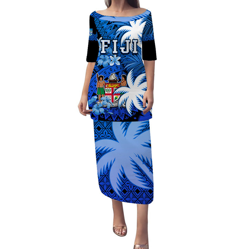 Fiji Coat Of Arms Puletasi Dress Masi Tapa Mixed Palm Tree No2 Blue Version LT9 Blue - Polynesian Pride