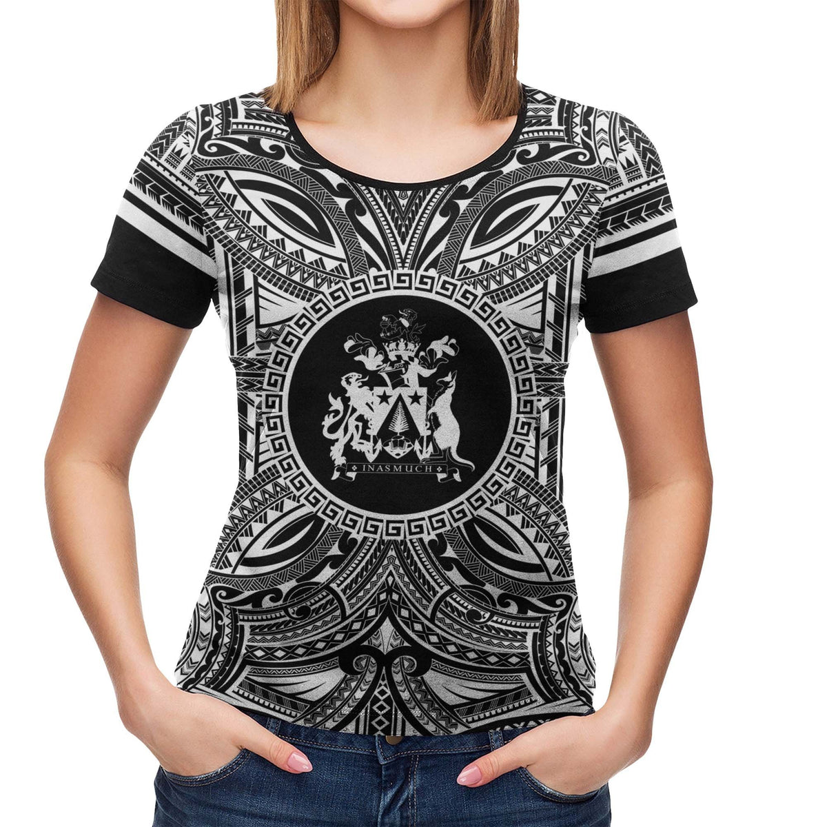 Norfolk Island All T Shirt Norfolk Island Coat Of Arms Polynesian White Black - Polynesian Pride