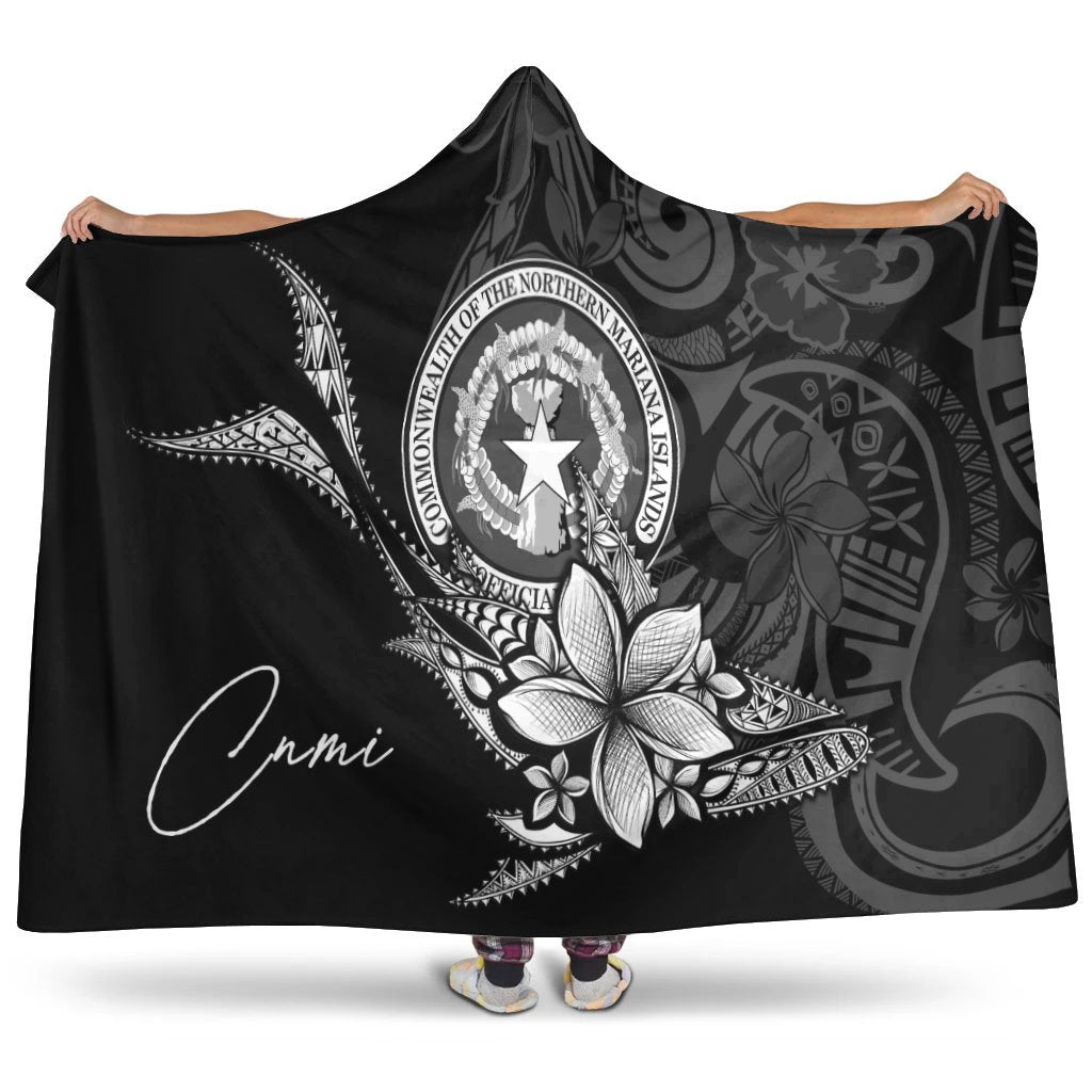 Northern Mariana Islands Hooded Blanket - Fish With Plumeria Flowers Style Hooded Blanket Black - Polynesian Pride