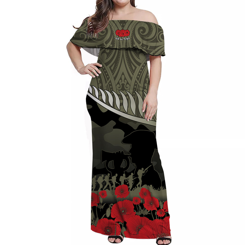 New Zealand ANZAC 2022 Off Shoulder Long Dress Maori Camouflage LT14 Long Dress Blue - Polynesian Pride