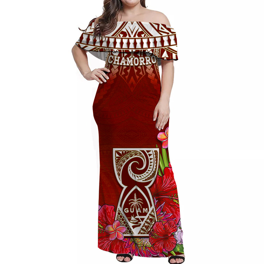 (Custom Personalised) Guam Chamorro Off Shoulder Long Dress Guaman Latte Stone Tropical Flowers Red Version LT14 Women Red - Polynesian Pride