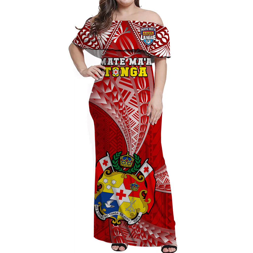 (Custom Personalised) Tonga Rugby Off Shoulder Long Dress Mate Maa Tonga Pacific Tongan Ngatu LT14 Women Red - Polynesian Pride