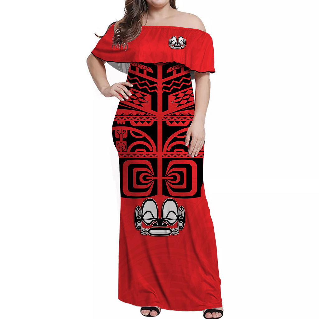 Marquesas Islands Off Shoulder Long Dress - Marquesas Tattoo LT13 Long Dress Red - Polynesian Pride