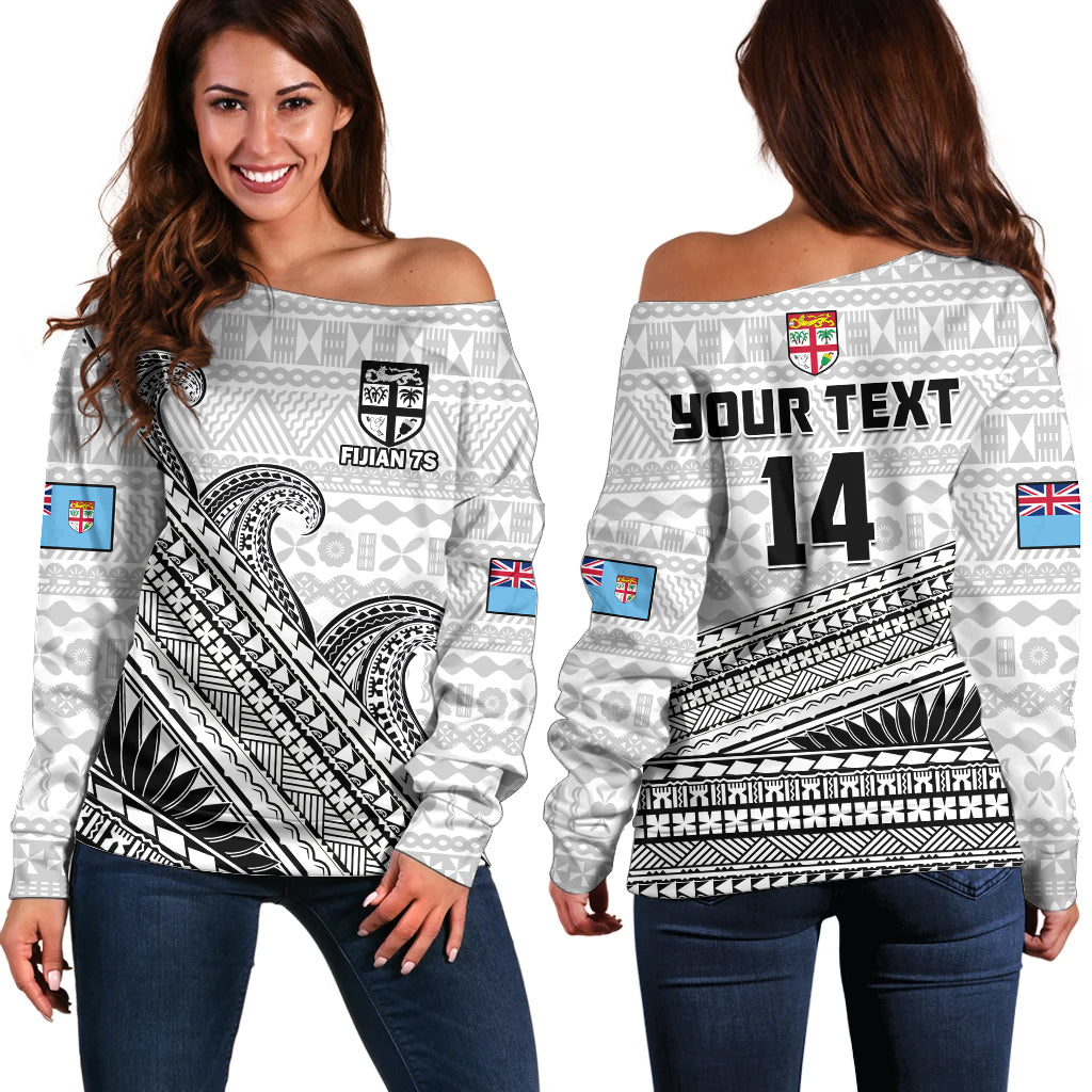 (Custom Text And Number) Fiji Sevens Rugby Off Shoulder Sweater Fijian 7s Tapa Polynesian Art LT14 Women White - Polynesian Pride