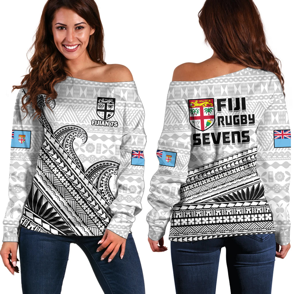 Fiji Sevens Rugby Off Shoulder Sweater Fijian 7s Tapa Polynesian Art LT14 Women White - Polynesian Pride