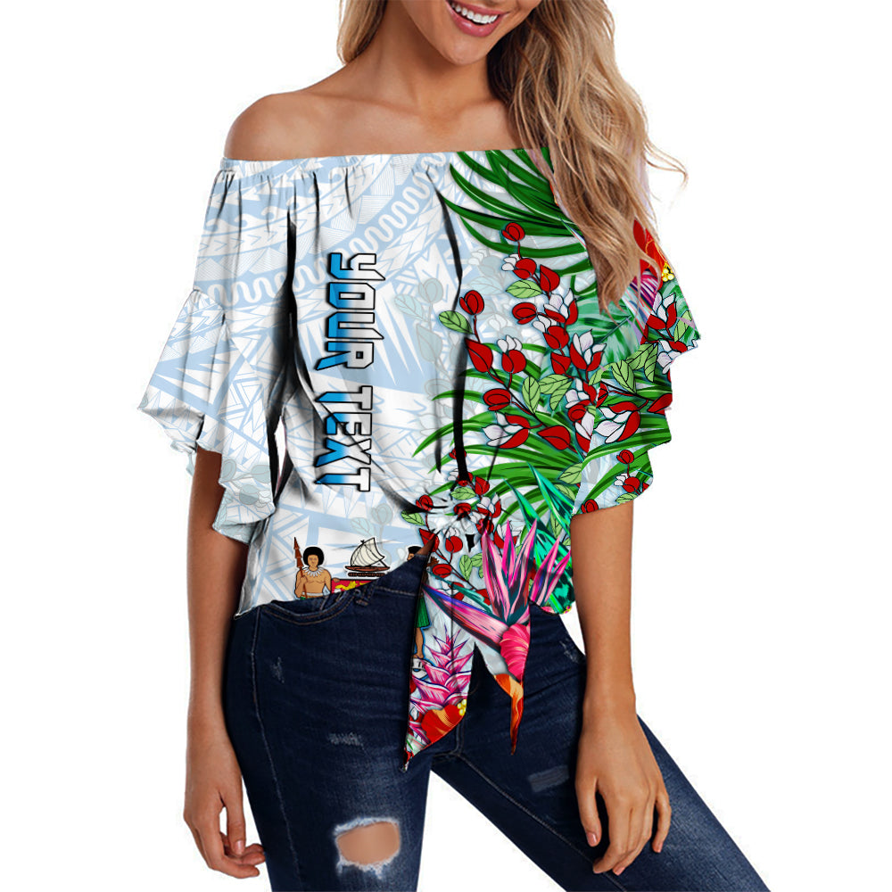 (Custom Personalised) Fiji Off Shoulder Waist Wrap Top Proud Fijian Tapa mix Tagimoucia Flowers LT13 Women White - Polynesian Pride