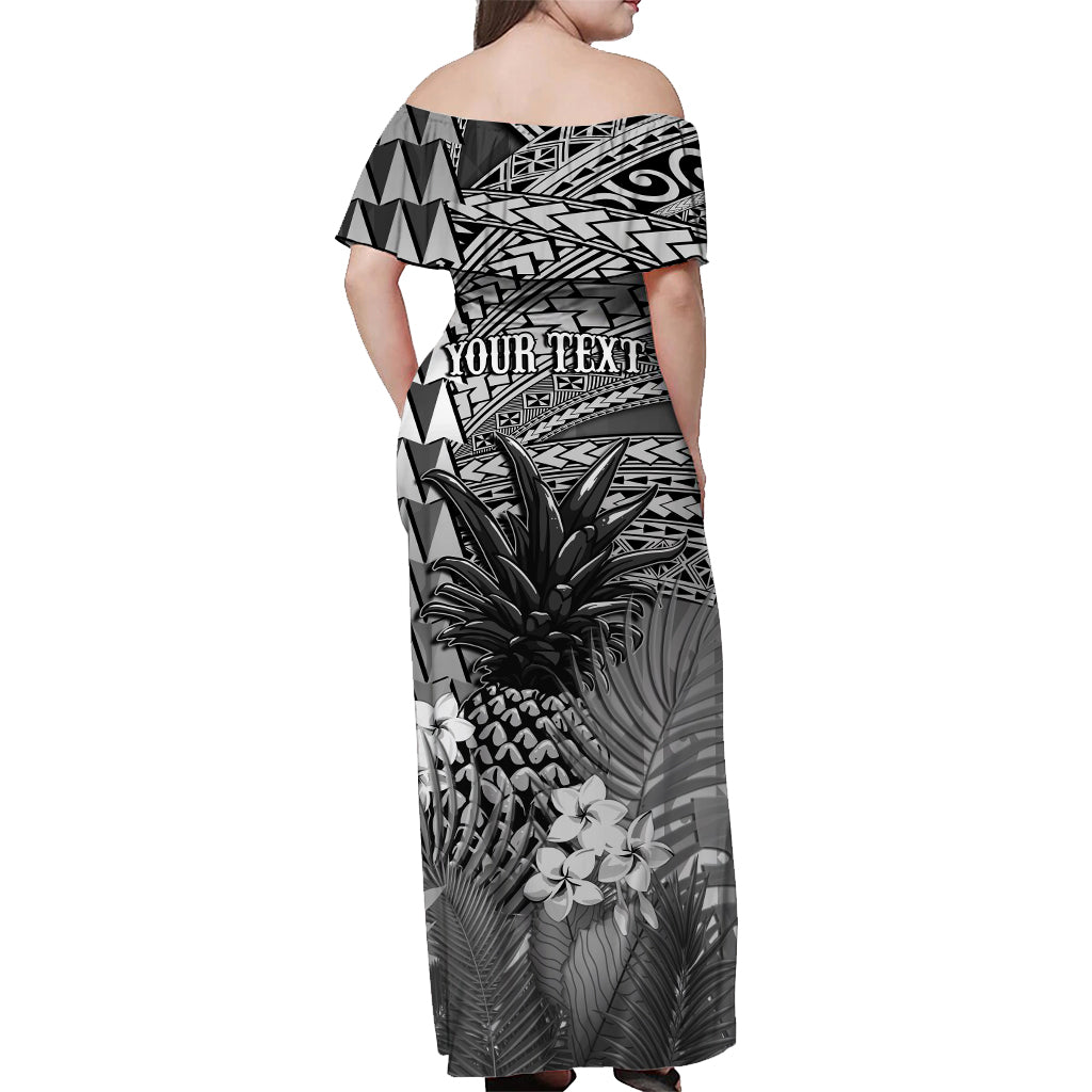 (Custom Personalised) Hawaii Pineapple Off Shoulder Long Dress Gray Plumeria Frangipani Mix Tribal Pattern - Polynesian Pride