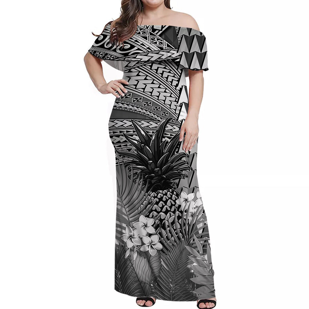 (Custom Personalised) Hawaii Pineapple Off Shoulder Long Dress Gray Plumeria Frangipani Mix Tribal Pattern Women Gray - Polynesian Pride