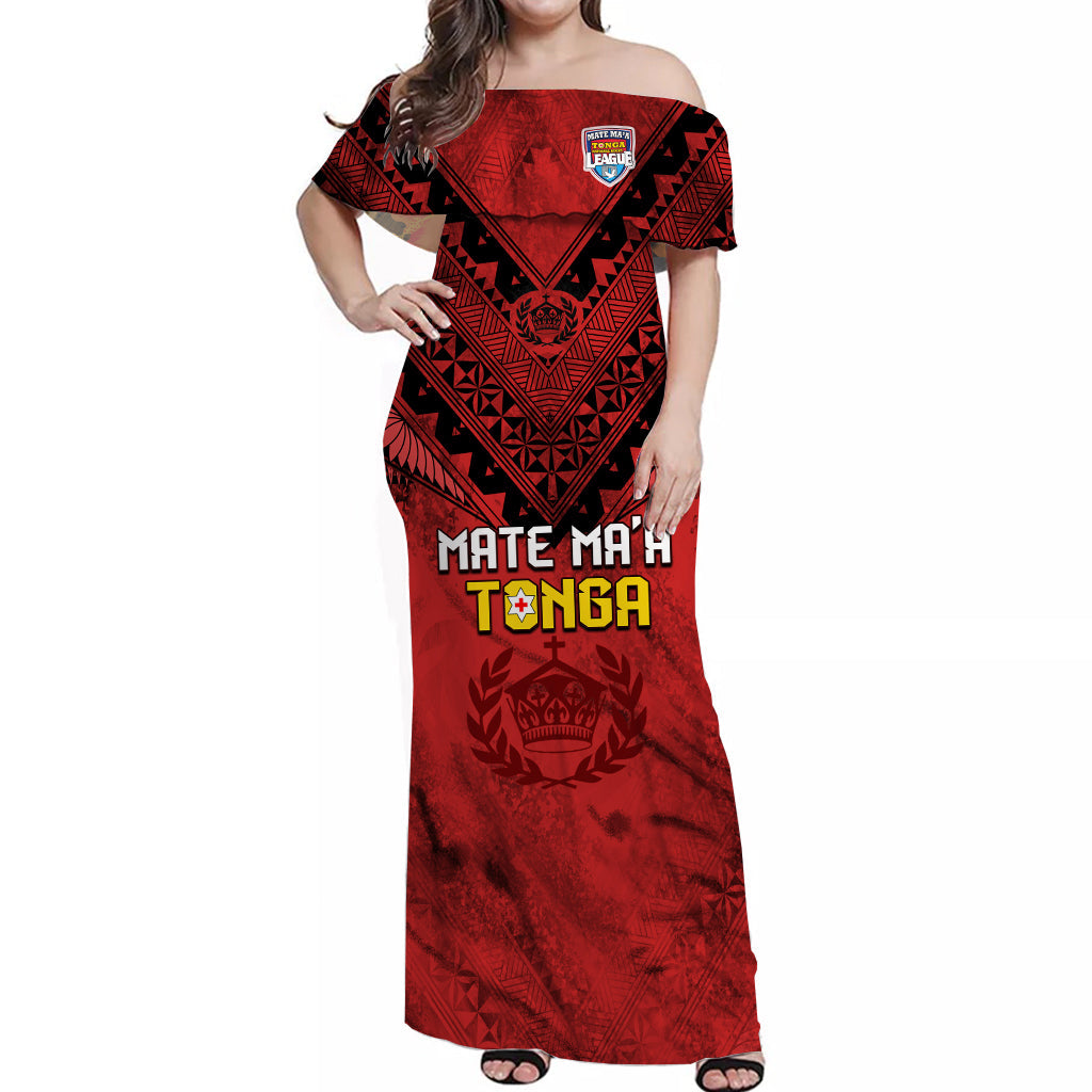 (Custom Personalised) Tonga Rugby MMT Off Shoulder Long Dress Ngatu Mate Maa Tonga Grunge LT13 Women Red - Polynesian Pride