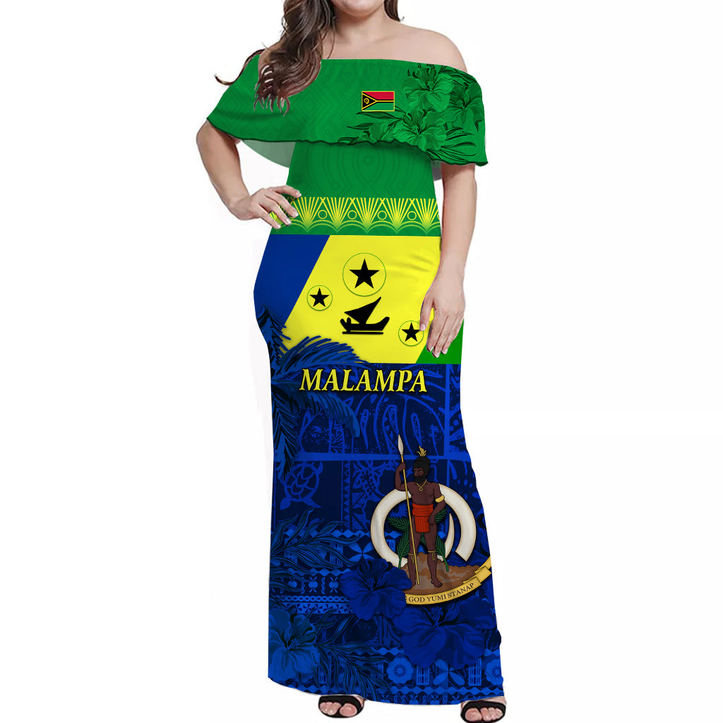 (Custom Personalised) Malampa Off Shoulder Long Dress Vanuatu Polynesia mix Flowers LT13 Women Green - Polynesian Pride