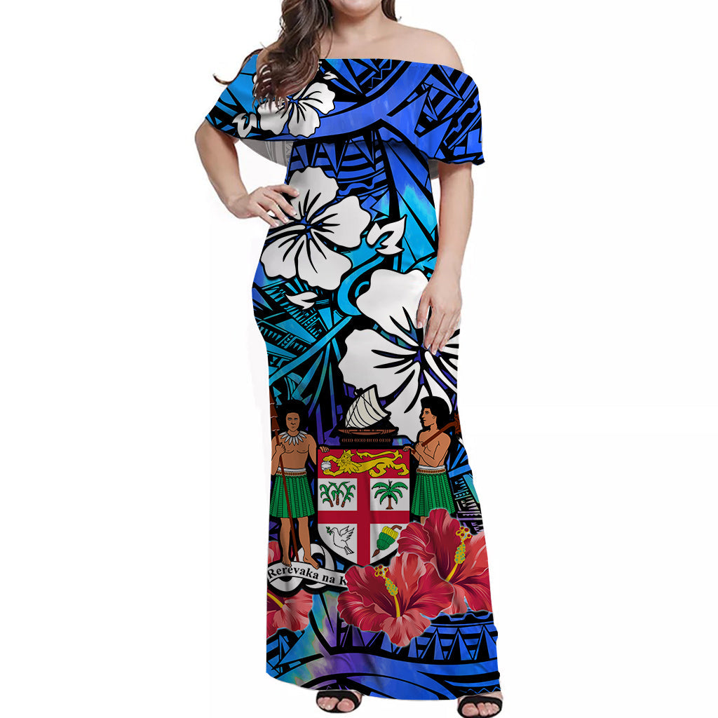 Fiji Tie Dye Off Shoulder Long Dress Polynesian Blue Tribal Creative Tropical Flowers LT13 Women Blue - Polynesian Pride