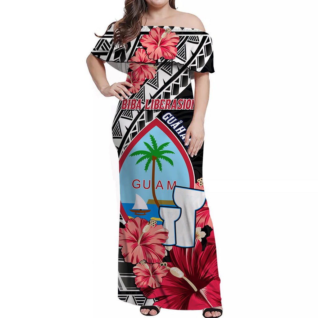 Guam Chamorro Off Shoulder Long Dress Happy Liberation Day Latte Stone Version Black LT13 Women Black - Polynesian Pride